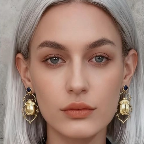 Gold Beatle Insect Earrings - Picture 2 of 14